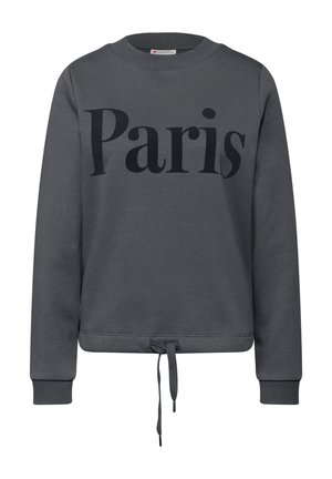 Szary sweter z nadrukiem "Paryż" w czerni. Posiada długie rękawy, okrągły dekolt oraz sznurek u dołu do regulacji dopasowania.
