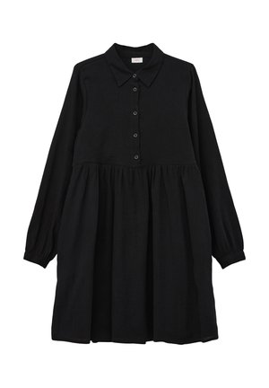 Vestido negro abotonado hecho de tela texturizada. Cuenta con cuello, mangas largas y cintura fruncida para una silueta fluida.