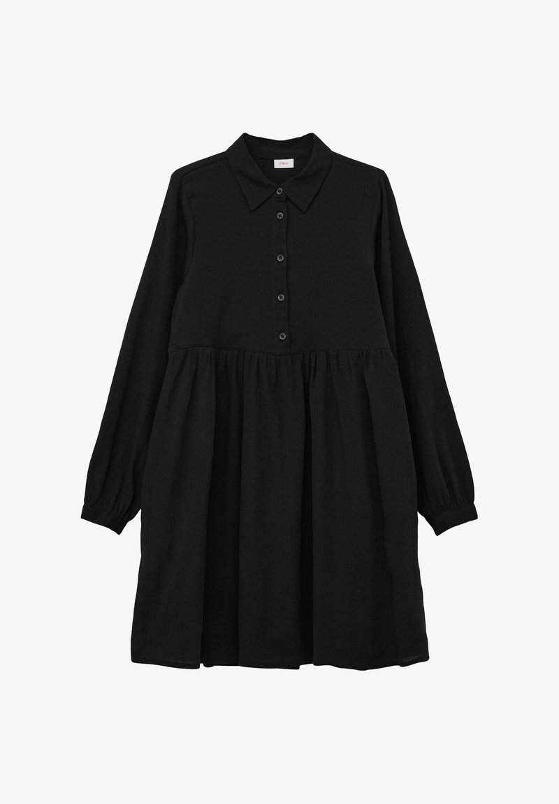 Robe noire boutonnée en tissu texturé. Comprend un col, des manches longues et une taille froncée pour une silhouette fluide.