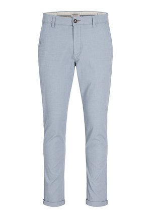 Light blue slim-fit men's trousers with button and zipper closure, front pockets, belt loops, and rolled-up cuffs.