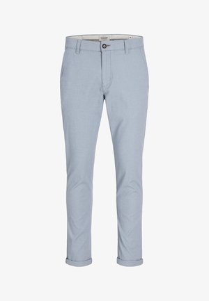 Light blue slim-fit men's trousers with button and zipper closure, front pockets, belt loops, and rolled-up cuffs.