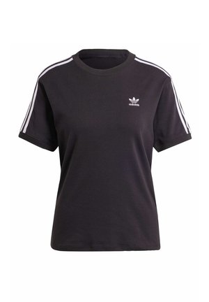 Tricou scurt din bumbac negru, cu mânecă scurtă și guler rotund, având dungi albe pe umeri și un mic logo Adidas alb pe piept.