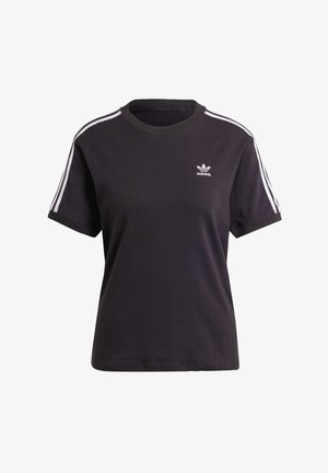 Black cotton short-sleeve t-shirt with round neck, featuring white stripes on shoulders and a small white Adidas logo on the chest.