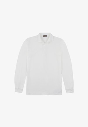 Langärmliges Poloshirt aus weißer Baumwolle, mit Kragen, drei-Knopf-Leiste und geradem Saum sowie umgeschlagenen Ärmeln.