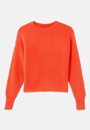 Orange ribbed knit sweater with a crew neckline, dropped shoulders, and a cropped fit. Textured fabric pattern and side slits at the hem.