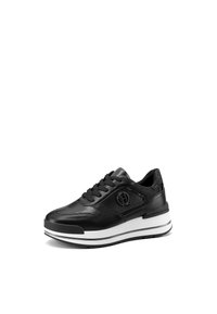 Sneaker in pelle nera con punta tonda, chiusura con lacci, dettagli testurizzati e suola bianca con rifiniture in nero e argento.
