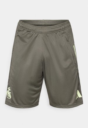 Tumed roheline spordilühikesed, mis on valmistatud kergest kangast, elastse vöökohtaga, külgaukudega ja helesinise logoga vasakul alumises servas.