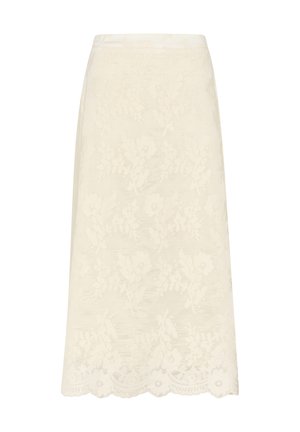 Gonna midi in pizzo di un beige chiaro con motivi floreali, orlo scallop e una finitura strutturata. Presenta una vita liscia per un maggiore comfort.