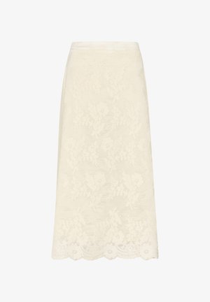 Blonder midi-nederdel i lys beige med blomster mønster, bølgede kanter og en struktureret overflade. Har en glat talje for komfort.