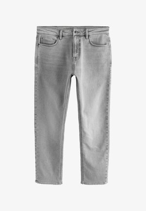 Hallid teksapüksid sirge säärega, millel on ees tasku, õmmeldud detailid ja nööbkinnitus. Pehme tekstuur, keskmise kaaluga.