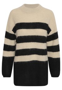 Neulepaita, jossa on vuorotellen mustia ja kermaisia vaakaraitoja, pyöreä pääntie ja pitkät hihet, joissa on teksturoitu kangas.