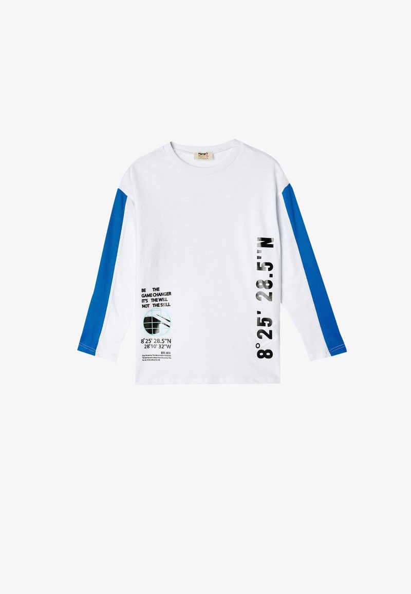 White long-sleeve t-shirt with blue sleeves. Features printed text and graphic on the front, including coordinates and design elements.