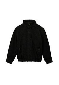 Zwarte fleece jas met hoge kraag, front-rits en drukknoopjes, twee met rits afgesloten zijzakken en elastische zoom en manchetten.