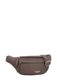 Braune Leder Hüfttasche mit zwei Reißverschlusstaschen, strukturiertem Oberflächen, verstellbarem Tragegurt und metallischen Details.