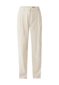 Cream-colored corduroy trousers with a straight fit, featuring vertical ribs, two front pleats, and a button closure at the waistband.