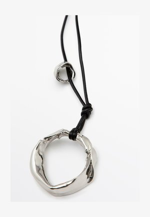 Silver-toned metal pendant with a twisted shape, strung on a black leather cord, featuring a knot detail near the clasp.