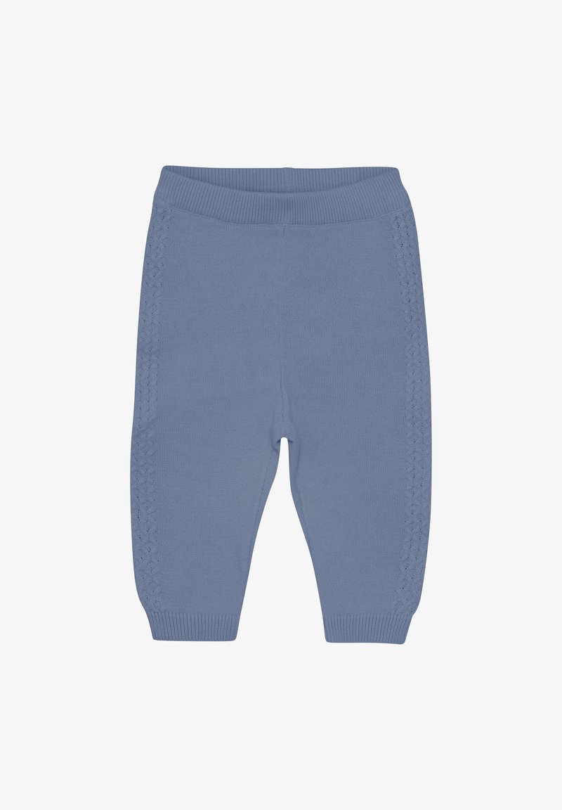 Gestickte blaue Babypants mit einem gerippten Bund, die ein strukturiertes Muster an den Seiten und eng zulaufende Beine aufweisen. Keine Taschen oder Beschläge.