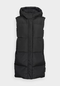 Gilet imbottito nero con collo alto, design senza maniche, texture trapuntata e due tasche frontali. Il materiale è liscio e isolato.