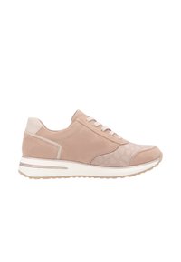 Beige sneaker met een gladde suède bovenkant, gestructureerd krokodillenpatroon, vetersluiting aan de voorkant, en een witte rubberen zool, met metallic accenten.