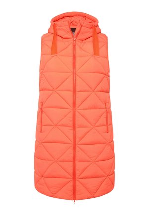 Pudret vest i lys orange, med hætte, lynlås lukning og diagonalt quiltet mønster. Side lommer med matchende lynlåse.