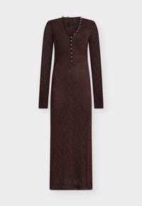 Long-sleeve burgundy dress made of lace, featuring a V-neckline, button detailing down the front, and a fitted silhouette.