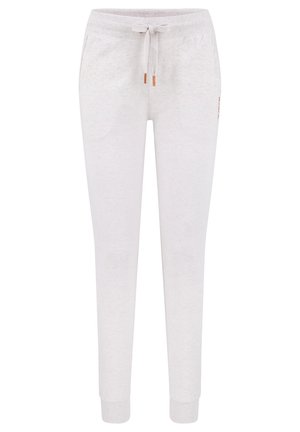 Hellgraue Jogginghosen aus weichem Stoff, mit einem elastischen Bund und Kordelzug, zwei seitlichen Taschen und gerippten Bündchen.
