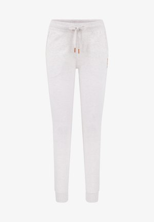 Hellgraue Jogginghosen aus weichem Stoff, mit einem elastischen Bund und Kordelzug, zwei seitlichen Taschen und gerippten Bündchen.