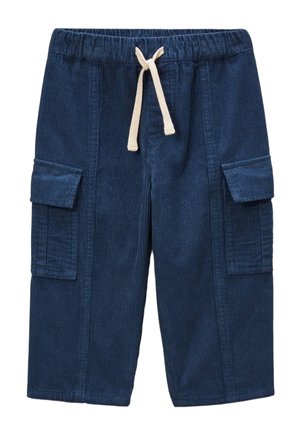 Pantalon cargo en velours côtelé bleu marine avec taille élastique et cordon de serrage blanc, doté de poches à rabat sur chaque cuisse.