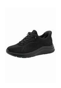 Black athletic shoes with a textured fabric upper, lace-up design, and a cushioned sole. Features a rounded toe and reinforced heel.