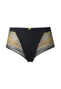 Zwarte panties met gouden kantaccenten aan de zijkanten, een centrale strikdetail en een gekartelde kantafwerking langs de beenopeningen.