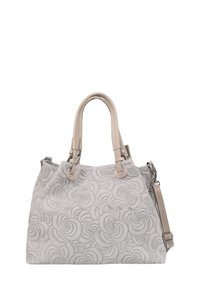 Grijze handtas met bloemig reliëfdesign, zachte textuur, dubbele beige handvatten en een afneembare schouderriem. Bevat zilverkleurige hardwareaccenten.