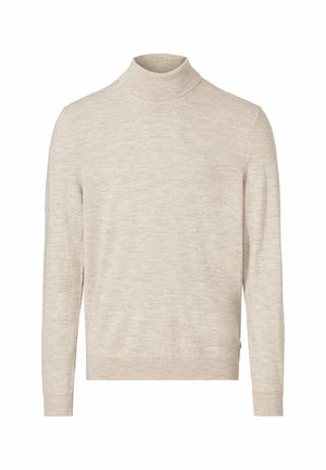 Beige, langärmliger Pullover mit Rollkragen aus weichem Stoff. Hat einen gerippten Kragen und Bündchen, schlichte Textur mit minimalen Details.