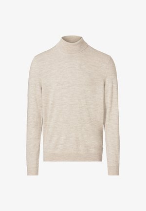 Beige, langärmliger Pullover mit Rollkragen aus weichem Stoff. Hat einen gerippten Kragen und Bündchen, schlichte Textur mit minimalen Details.