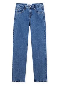 Jean denim bleu à coupe droite avec cinq poches, fermeture par bouton et passants de ceinture, posé à plat sur fond blanc.
