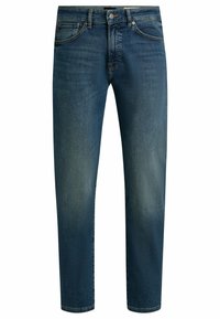 Vaqueros de mezclilla azul oscuro con corte recto, diseño de cinco bolsillos y un ligero desgastado. Fabricados en algodón con una textura suave.