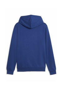 Blauer Kapuzenpullover mit langen Ärmeln aus glattem Stoff. Verfügt über eine Kängurutasche sowie gerippte Bündchen und Saum.