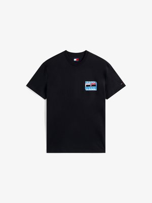 Black cotton t-shirt with short sleeves, featuring a multicolored graphic logo on the left chest pocket, and brand label on the sleeve.