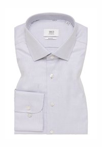 Camicia slim-fit azzurro chiaro con tessuto strutturato, parte anteriore con bottoni e dettaglio al polsino con un bottone; presenta un colletto classico e etichetta del marchio.