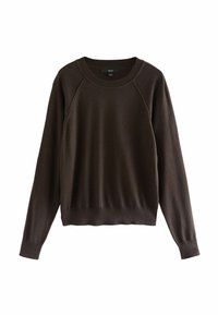 Brązowy sweter z okrągłym dekoltem, z długimi rękawami raglanowymi, ściągaczami przy mankietach i u dołu. Wykonany z miękkiego, lekkiego materiału, o gładkiej fakturze.