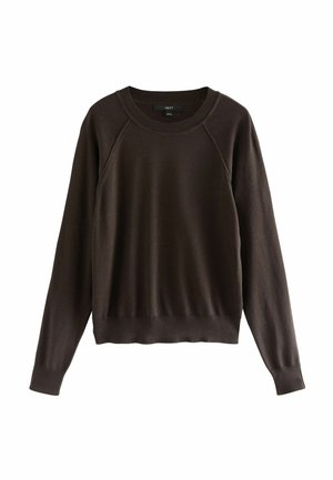 Mørkebrun sweater lavet af blødt stof, med rund halsudskæring, lange raglanærmer samt ribbede manchetter og kant.