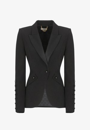 Blazer nero su misura con rever in raso, silhouette strutturata, bottoni decorativi sulle maniche e fodera interna con motivo.