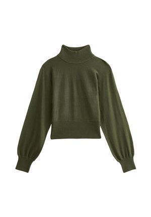Suéter de cuello alto verde oliva con mangas largas abullonadas y puños y dobladillo acanalados, exhibido sobre un fondo blanco.
