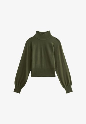 Pull en col roulé vert olive avec des manches bouffantes longues et des poignets et un ourlet côtelés, présenté sur un fond blanc.