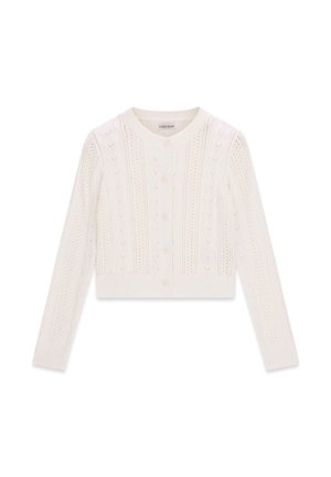 Cardigan bianco in maglia con maniche lunghe, scollo rotondo, chiusura frontale con bottoni e motivi verticali simili a pizzo.