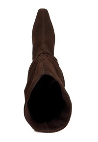 Brown suede over-the-knee boot with a pointed toe and slouchy design. Soft texture with an unadorned interior.