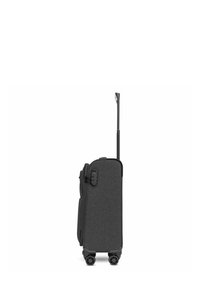 Erweiterbarer grau melierter Stoff-Boardcase mit Doppelrädern, einem teleskopierbaren Griff und einer Seitentasche für zusätzlichen Stauraum.