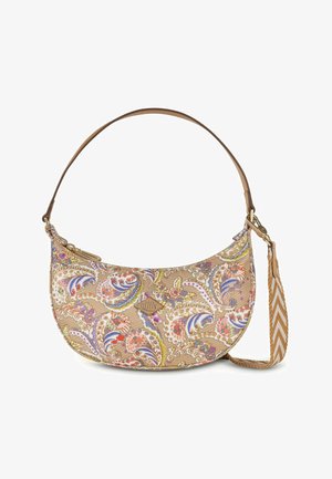 Beige, halbmondförmige Handtasche mit farbenfrohem Paisley-Blumenmuster, kurzem braunem Lederriemen und abnehmbarem Schulterriemen aus Stoff mit Chevron-Muster.