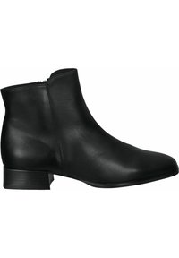 Bottine en cuir noir à texture lisse, bout arrondi, petit talon bloc et fermeture éclair latérale. Design simple et épuré.