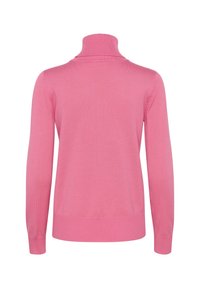 Rosa polokrage tröja med långa ärmar, ribbad textur och åtsittande mudd. Tyget verkar slätt med en lätt lyster.