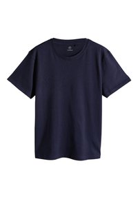 Granatowy bawełniany t-shirt z krótkim rękawem i okrągłym dekoltem, wyłożony na płasko na białym tle.